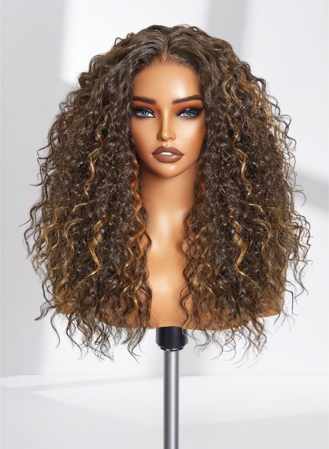 GORGIUS Curly Brown Wig Glueless Highlight Lace Front Wig Pre Plucked Middle Parted Synthetic Wig Upgraded with Premium Human-Hair-Like Fiber 20 Inch - Image 1
